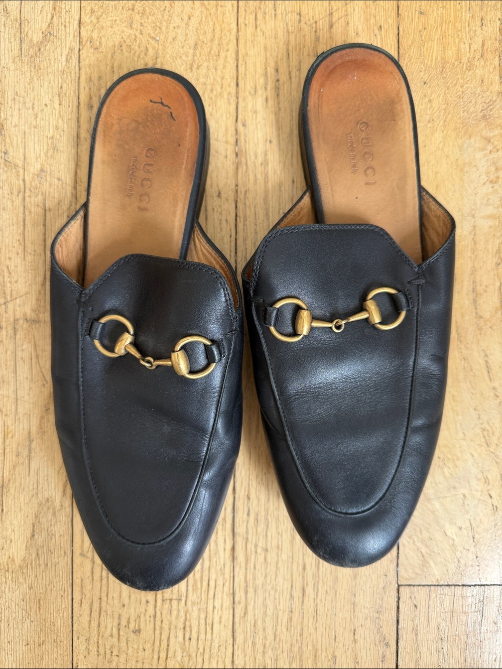Gucci Black Leather Horsebit Backless Loafers / Slides, Size 36